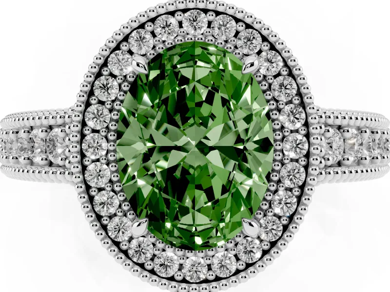 Fancy Green Oval Cut Diamond Halo Ring Set in Platinum with Round Accent Halo, Pavé Band and Prong Setting