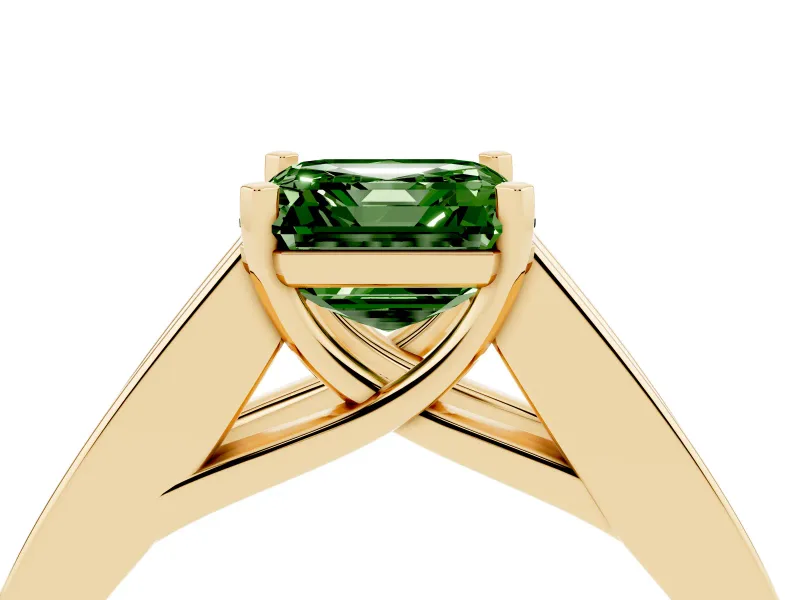 Fancy Green Asscher Cut Diamond Solitaire Ring Set in Yellow gold with Channel-Set Accent Stones and Prong Setting