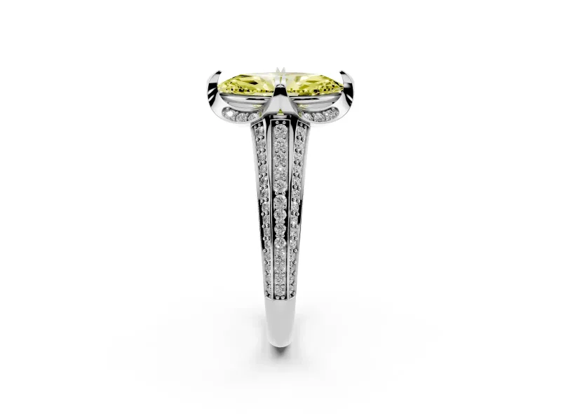 Fancy Yellow Marquise Cut Diamond Pavé Split Shank Solitaire Ring Set in Silver with Prong Setting