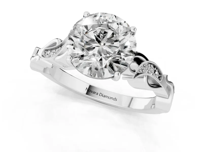 Round Cut Diamond Vine Band Solitaire Ring Set in Platinum with Milgrain Prong Setting