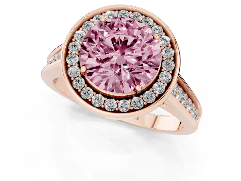 Fancy Pink Round Cut Diamond Halo Solitaire Ring Set in Rose gold with Pavé Band and Bezel Setting