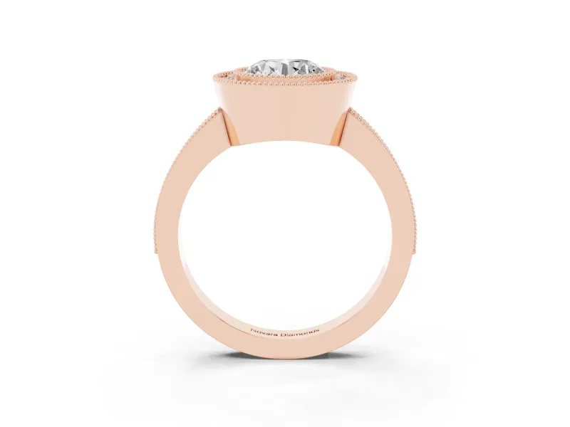 Round Cut Diamond Halo Engagement Ring Set in Rose gold with Pavé Band and Round Halo Stones