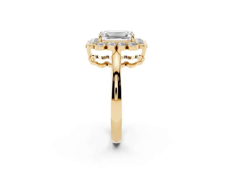 Emerald Cut Scalloped Cluster Halo Engagement Ring Setting | Plain Band | Yellow Gold
