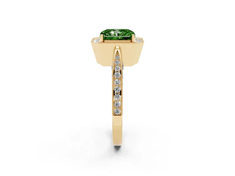 Radiant Cut Milgrain Halo Engagement Ring Setting for a Fancy Green Lab-Grown Diamond | Side Stones | Yellow Gold
