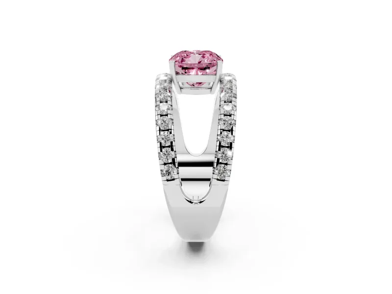 Cushion Cut Wide Open Split Shank Engagement Ring Setting for a Fancy Pink Lab-Grown Diamond | Pavé Strands | White Gold