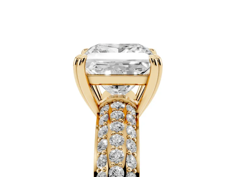 Princess Cut Three Row Pave Solitaire Engagement Ring Setting | Double Claw Prongs | Yellow Gold