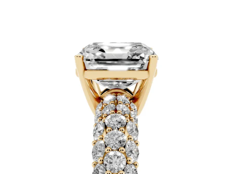 Asscher Cut Multi Row Pave Solitaire Engagement Ring Setting | Domed Shoulders | Yellow Gold