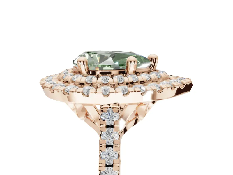 Fancy Green Pear-Shaped Lab-Grown Diamond Double Halo Statement Ring Set in Rose Gold with Pavé Band