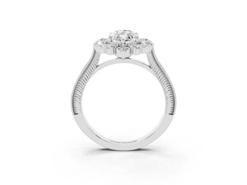 Marquise Cut Diamond Halo Milgrain Pavé Ring Set in White gold with Prong Setting