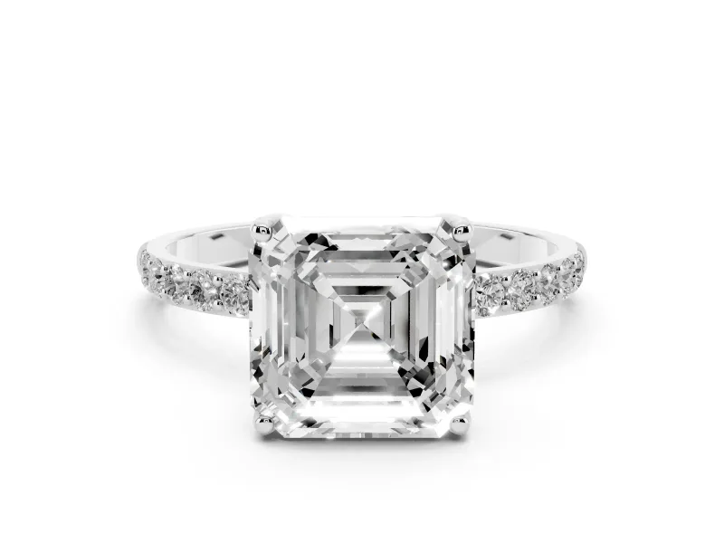 Asscher Cut Diamond Solitaire Engagement Ring Set in Platinum with Round Pavé Band and Prong Setting