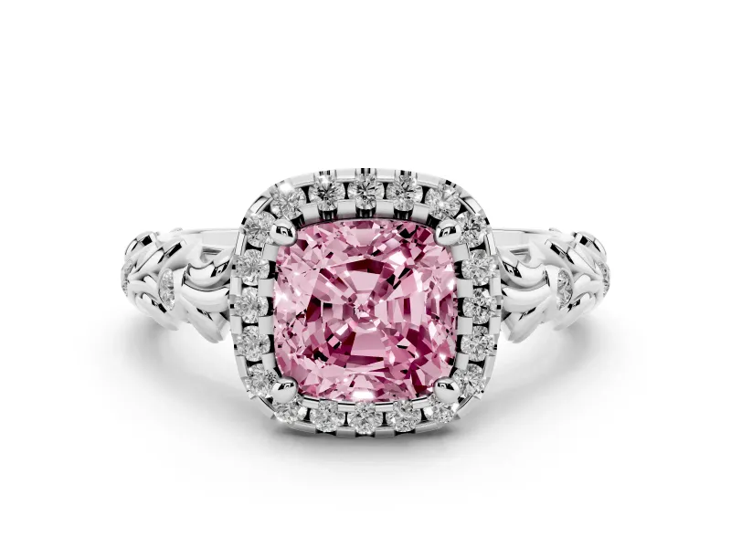 Fancy Pink Cushion Cut Diamond Halo Ring Set in Platinum with Filigree Leaf Band and Prong Setting