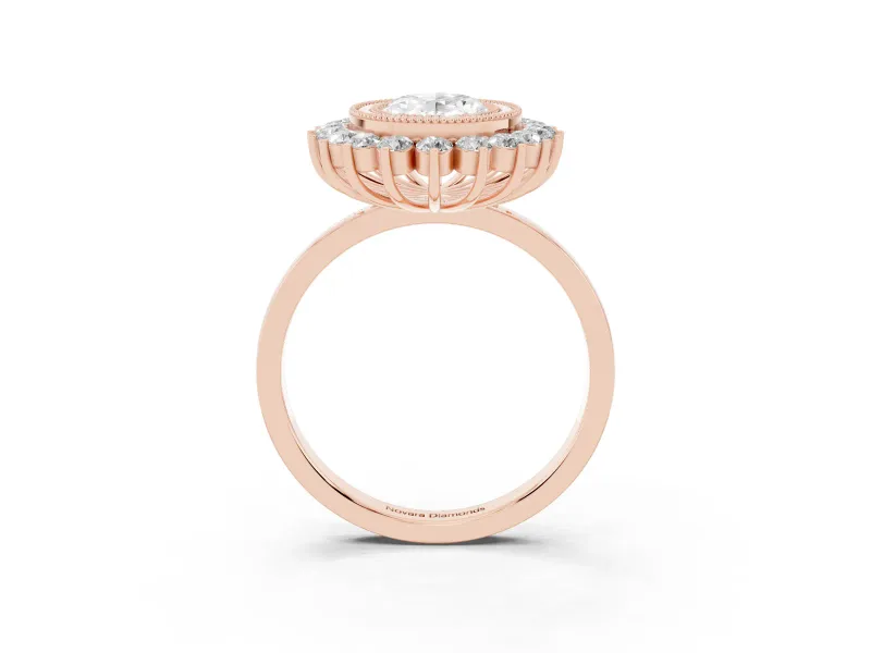 Oval Cut Diamond Halo Ring Set in Rose gold with Milgrain Edge and Round Prong Setting