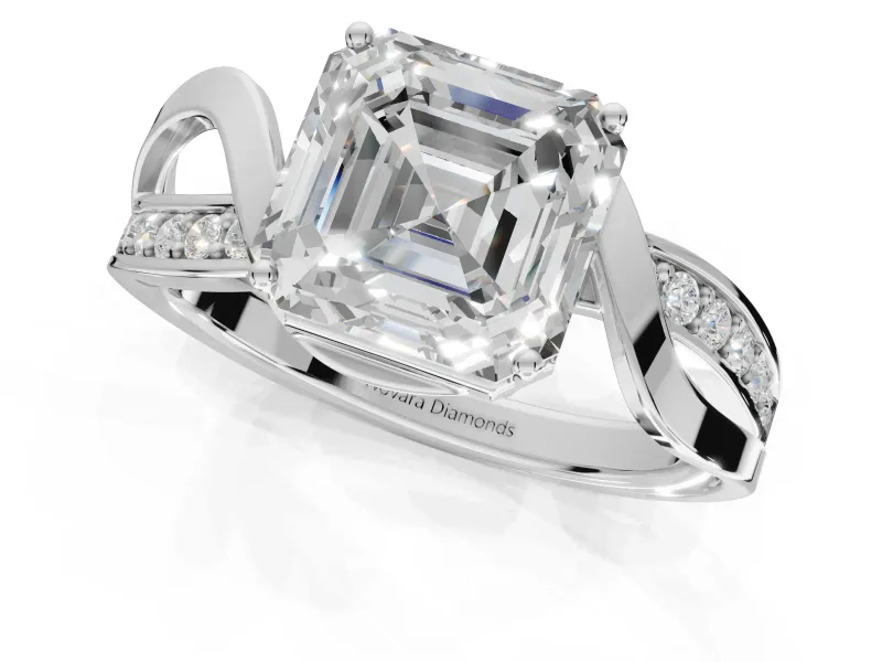 Asscher Cut Bypass Solitaire Engagement Ring Setting | Pavé and Plain Strands | White Gold