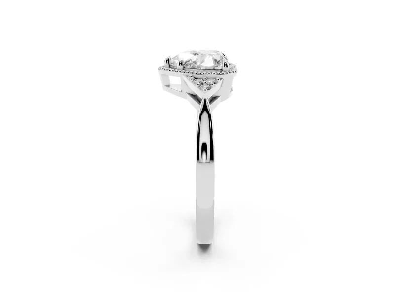 Heart Cut Diamond Milgrain Solitaire Ring Set in White gold with Tapered Pavé Band and Prong Setting