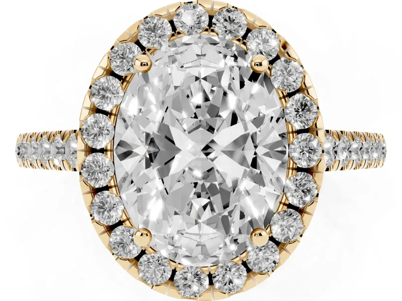 Oval Raised Halo Engagement Ring Setting | Pave Band | Yellow Gold