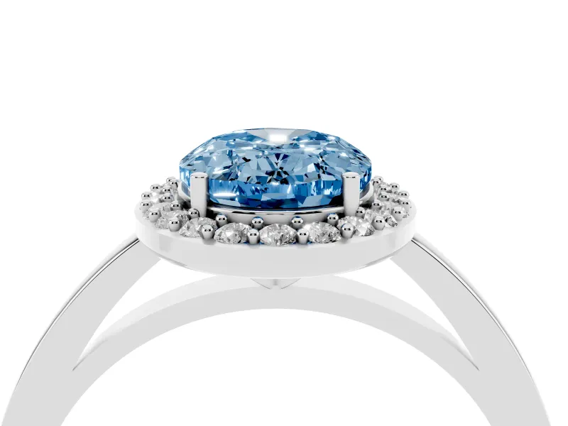 Fancy Blue Oval Cut Diamond Halo Ring Set in White gold with Solitaire Band and Prong Setting