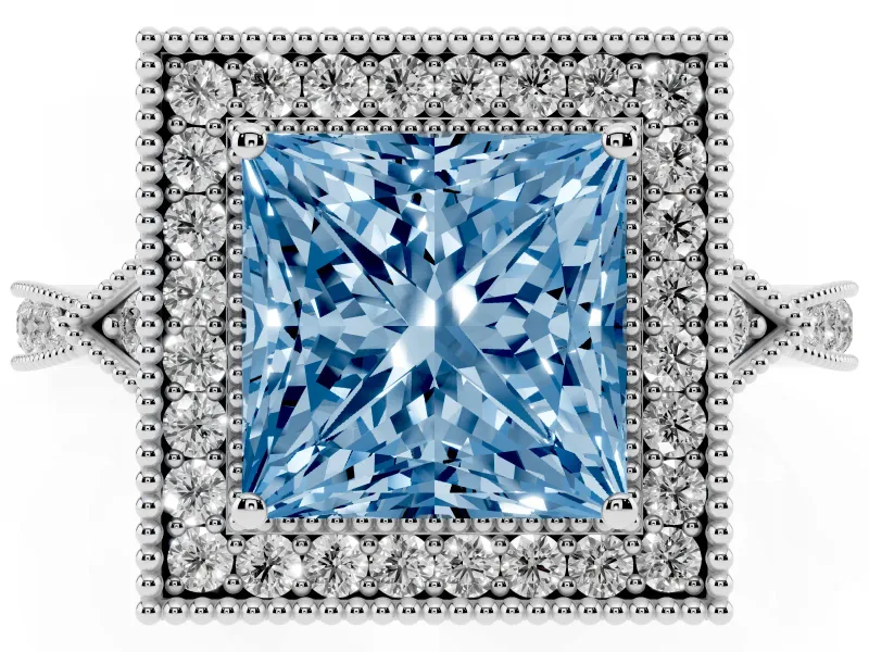 Fancy Blue Princess Cut Diamond Halo Engagement Ring Set in Silver with Milgrain Pavé Band