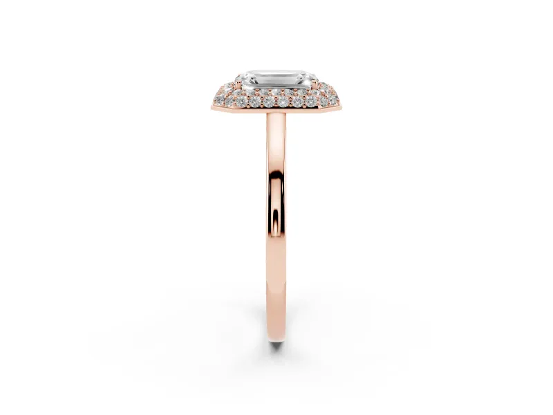 Emerald Cut Diamond Halo Engagement Ring Set in Rose gold with Solitaire Band and Prong Setting