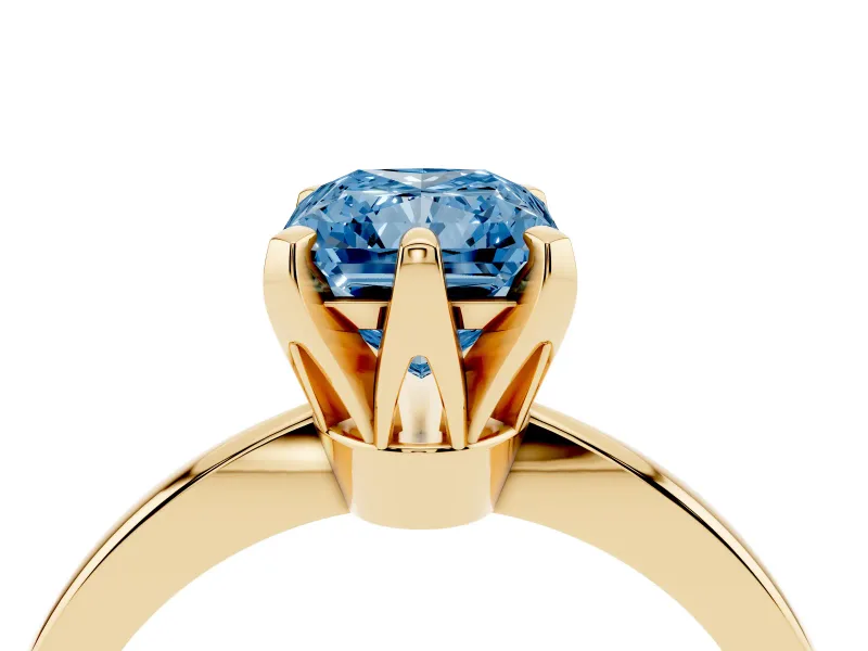 Fancy Blue Radiant Cut Diamond Solitaire Engagement Ring Set in Yellow gold with Slim Tapered Solitaire Band