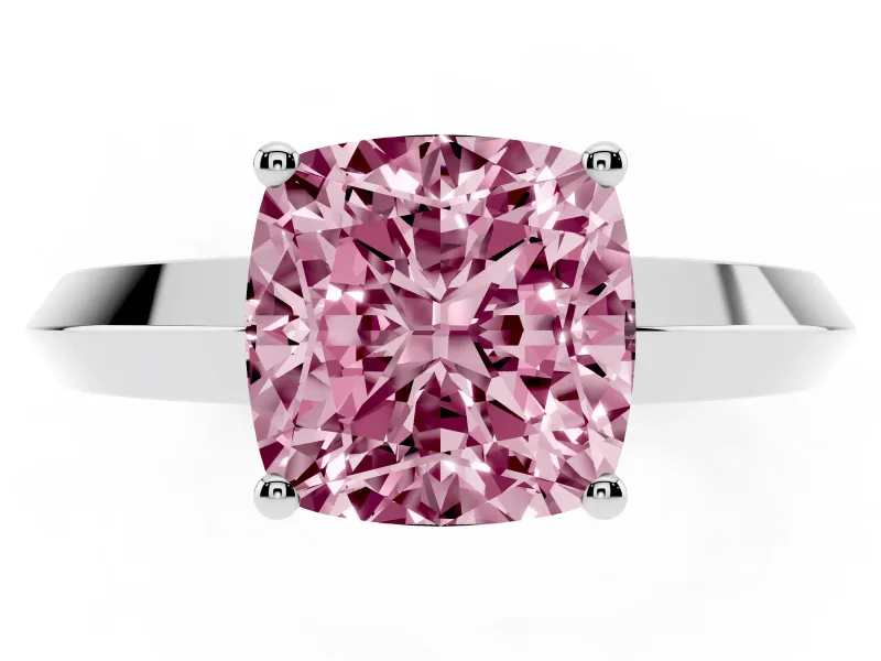 Fancy Pink Cushion Cut Diamond Solitaire Engagement Ring Set in White gold with Flat Band and Prong Setting
