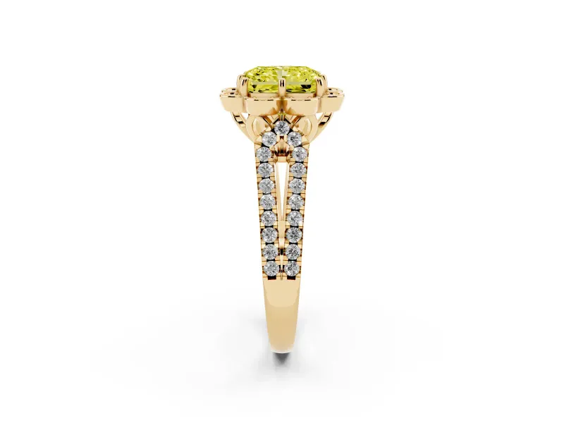 Radiant Cut Floral Halo Engagement Ring Setting for a Fancy Yellow Lab-Grown Diamond | Pavé Split Shank | Yellow Gold