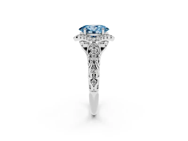 Oval Hidden Halo Filigree Engagement Ring Setting for a Fancy Blue Lab-Grown Diamond | White Gold