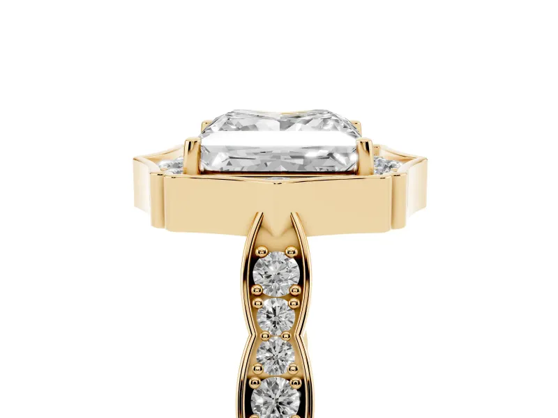 Princess Cut Vintage Scalloped Halo Engagement Ring Setting | Pave Band | Yellow Gold