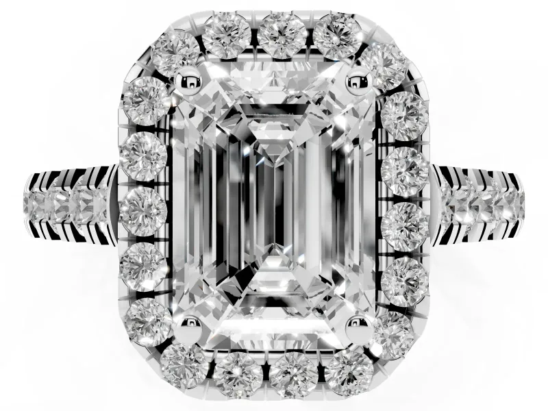 Emerald Cut Halo Engagement Ring Setting | Shared Prong Shoulders | White Gold