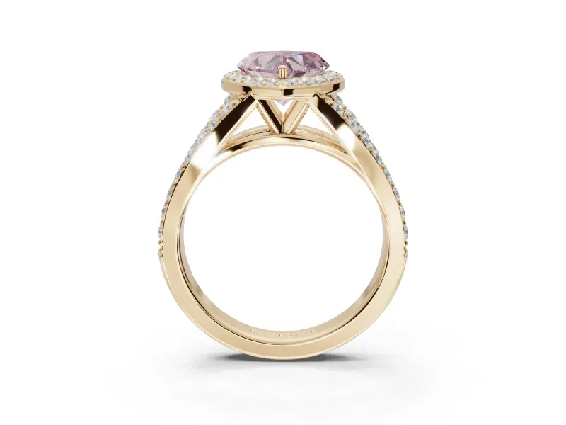 Heart-Shaped Halo Pavé Engagement Ring Setting for a Fancy Pink Lab-Grown Diamond | Narrow Split Shank | Yellow Gold