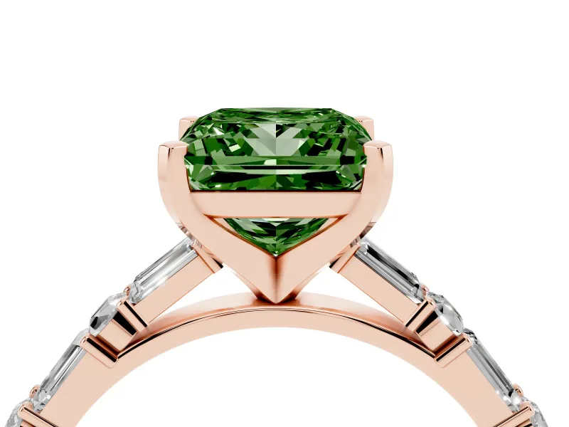 Princess Cut Baguette Side Stone Engagement Ring Setting for a Fancy Green Lab-Grown Diamond | Rose Gold