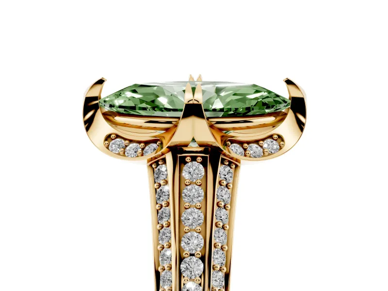 Fancy Green Marquise Cut Diamond Pavé Split Shank Solitaire Ring Set in Yellow gold with Prong Setting