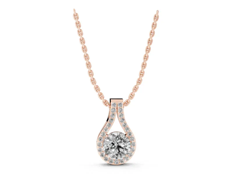 Round Lab-Grown Diamond Teardrop Halo Pendant Necklace | Split Pavé Bail | Rose Gold