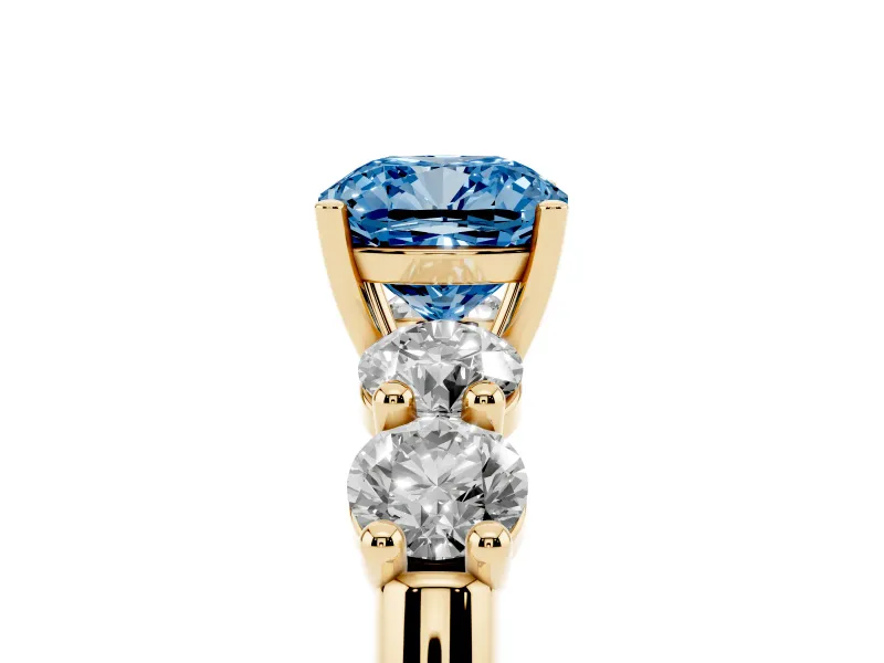 Cushion Cut Five Stone Engagement Ring Setting for a Fancy Blue Lab-Grown Diamond | Prong Set Side Stones | Yellow Gold