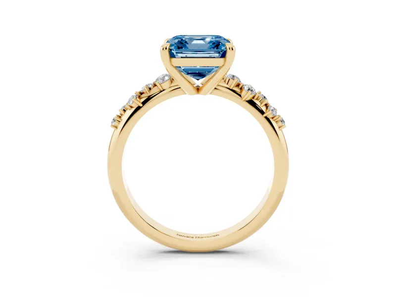 Fancy Blue Asscher Cut Diamond Solitaire Vine Band Ring Set in Yellow gold with Round Accents and Prong Setting