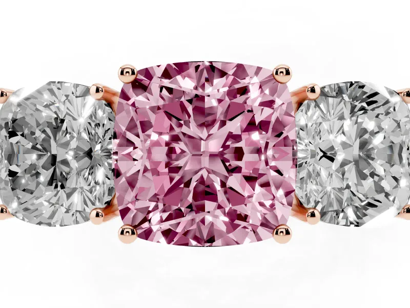 Fancy Pink Cushion Cut Diamond Three-Stone Ring Set in Rose gold with Textured Band