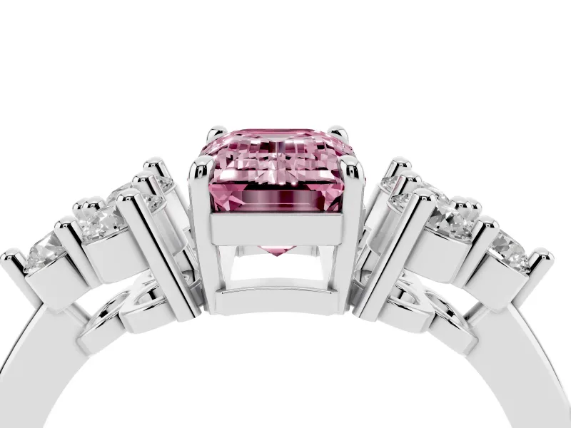Fancy Pink Emerald Cut Diamond Solitaire Ring Set in Platinum with Cluster Accents on Each Side