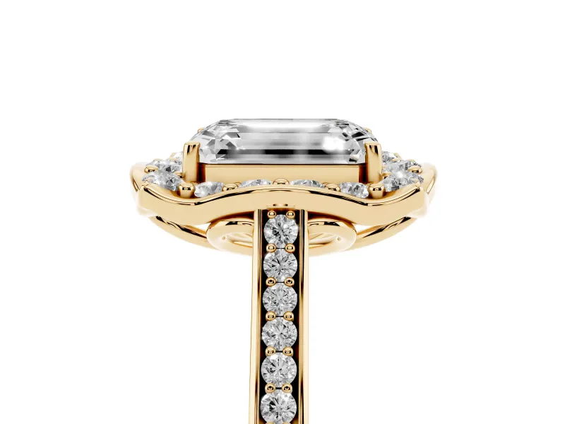 Emerald Cut Petal Tip Halo Engagement Ring Setting | Single Row Pavé Band | Yellow Gold
