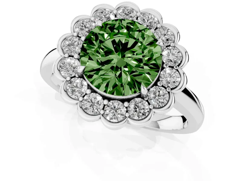 Round Scalloped Cluster Halo Engagement Ring Setting for a Fancy Green Lab-Grown Diamond | Plain Band | Platinum