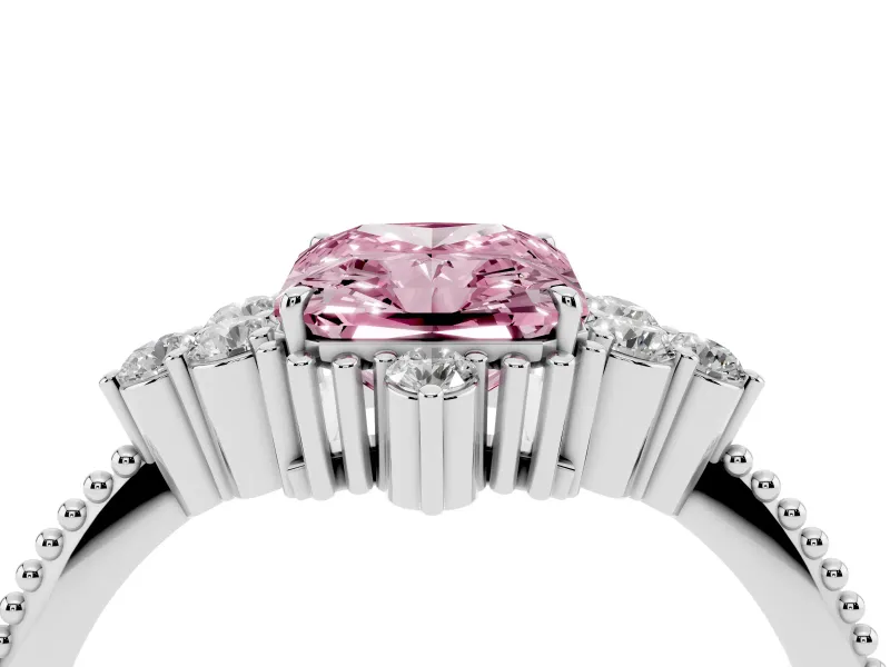 Fancy Pink Radiant Cut Diamond Cluster Ring Set in Silver with Beaded Band