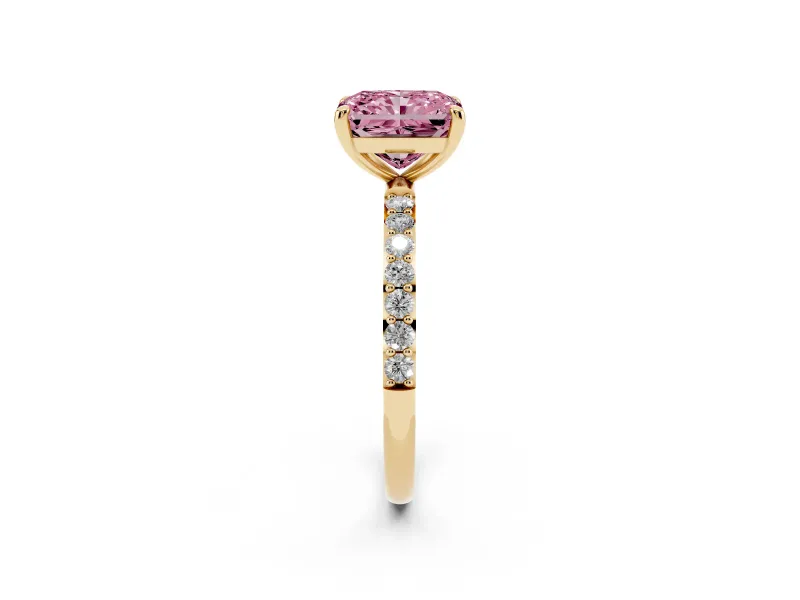 Radiant Cut Pave Solitaire Engagement Ring Setting for a Fancy Pink Lab-Grown Diamond | Pave Shoulders | Yellow Gold