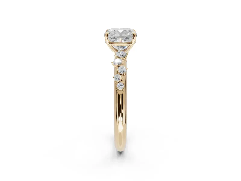 Cushion Cut Solitaire Engagement Ring Setting | Graduated Scattered Accents | Yellow Gold
