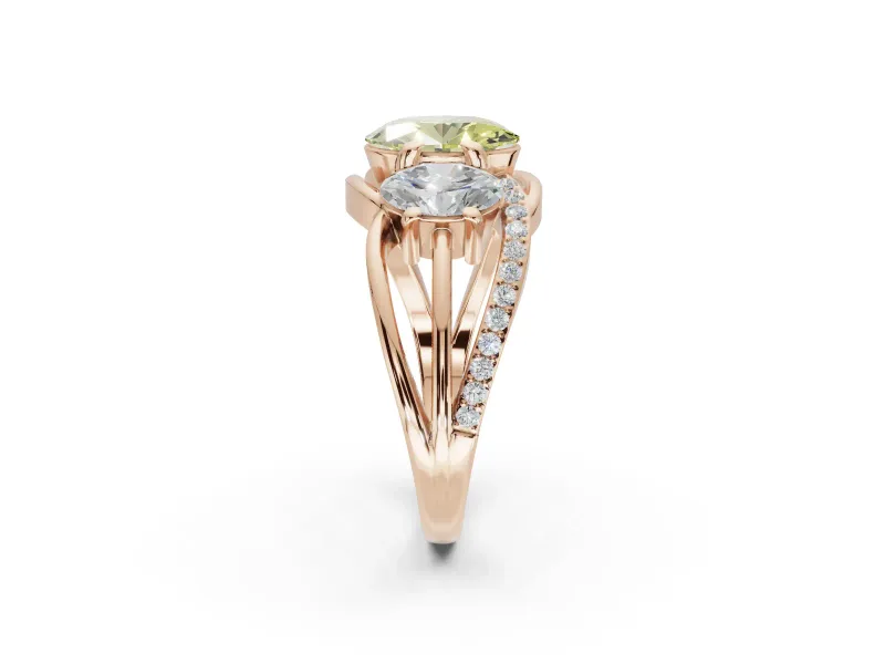 Oval Three Stone Split Shank Engagement Ring Setting for a Fancy Yellow Lab-Grown Diamond | Matching Sides | Rose Gold