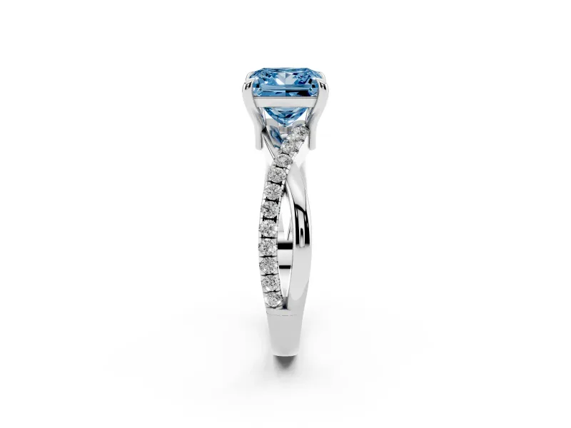 Fancy Blue Princess Cut Diamond Twist Band Solitaire Set in White gold with Pavé Accents and Prong Setting