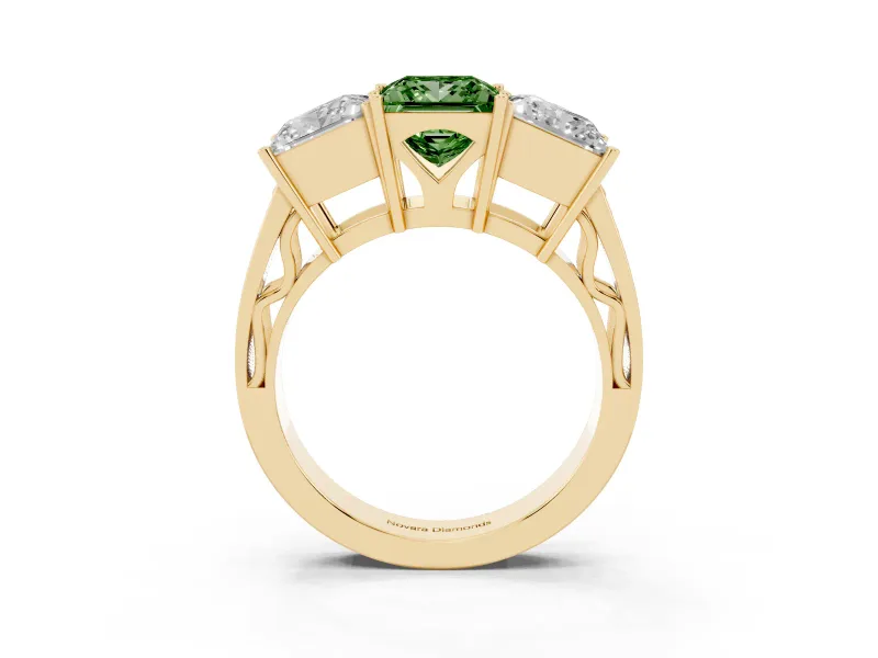 Princess Cut Three Stone Engagement Ring Setting for a Fancy Green Lab-Grown Diamond | Beaded Shoulders | Yellow Gold
