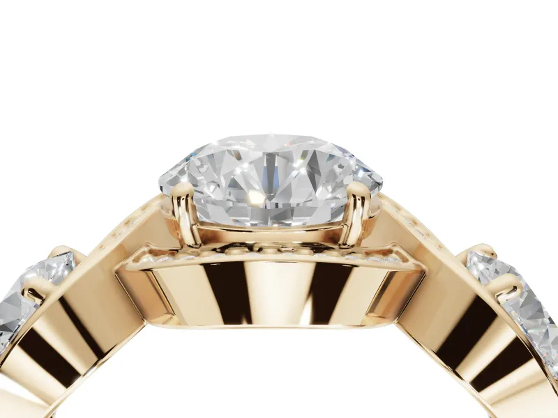 Round Three Stone Halo Engagement Ring Setting | Pavé Wave Band | Yellow Gold