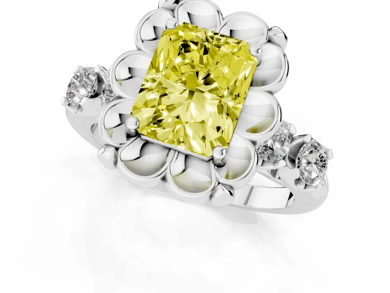 Fancy Yellow Radiant Cut Diamond Floral Halo Ring Set in Silver with Shared Prong Band