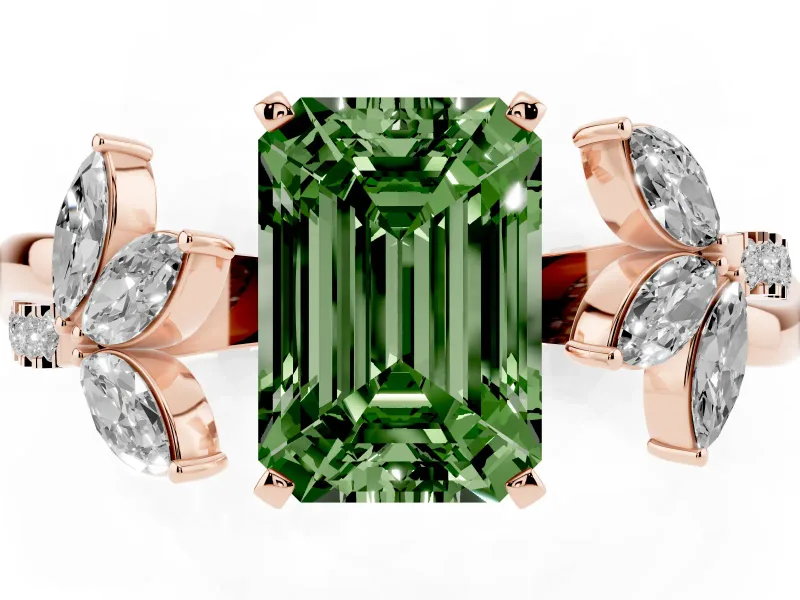 Fancy Green Emerald Cut Diamond Floral Vine Solitaire Engagement Ring Set in Rose gold with Marquise Leaves