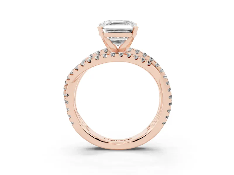 Asscher Cut Twisted Pavé Solitaire Engagement Ring Setting | Three-Strand Band | Rose Gold