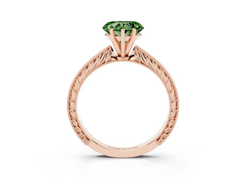 Fancy Green Heart Cut Diamond Solitaire Milgrain Engraved Band Set in Rose gold with Prong Setting