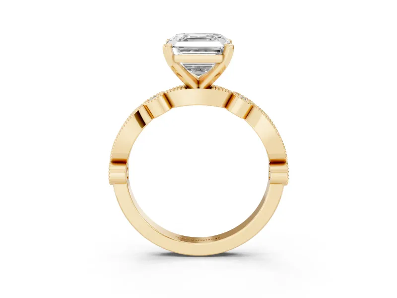 Asscher Cut Diamond Solitaire Engagement Ring Set in Yellow gold with Milgrain Bezel Accent Band